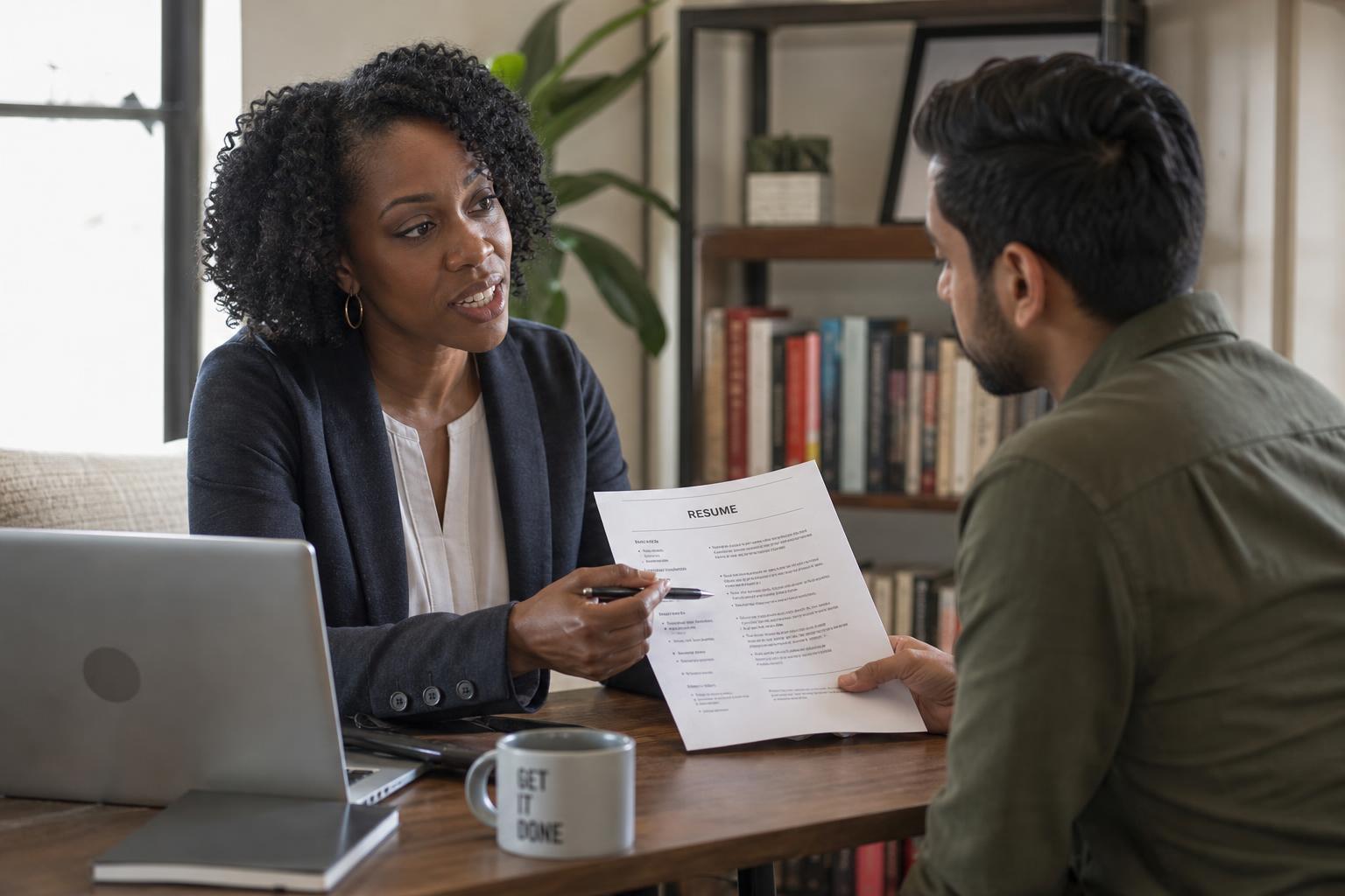 Independent career coach reviewing a resume on a laptop with a client across a sunlit desk